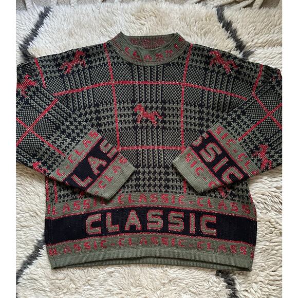 Vintage Knit Sweater green CLASSIC horse plaid Equestrian 80s - Picture 4 of 16